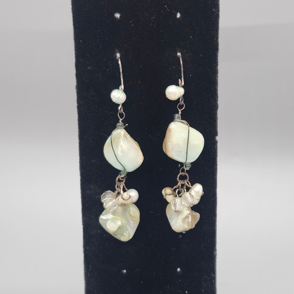Artisan Mother of Pearl Dangle Earrings 2.5" Freshwater Pearl Crystal Beads